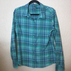 Prana Women’s Green Plaid Cotton Top Size L